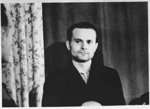 Defendant Paul Sakowski at the Sachsenhausen concentration camp war crimes trial in Berlin